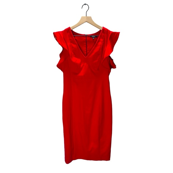 XOXO Red Pencil Dress With Ruffle Sleeves Size 9/10 - Picture 1 of 5